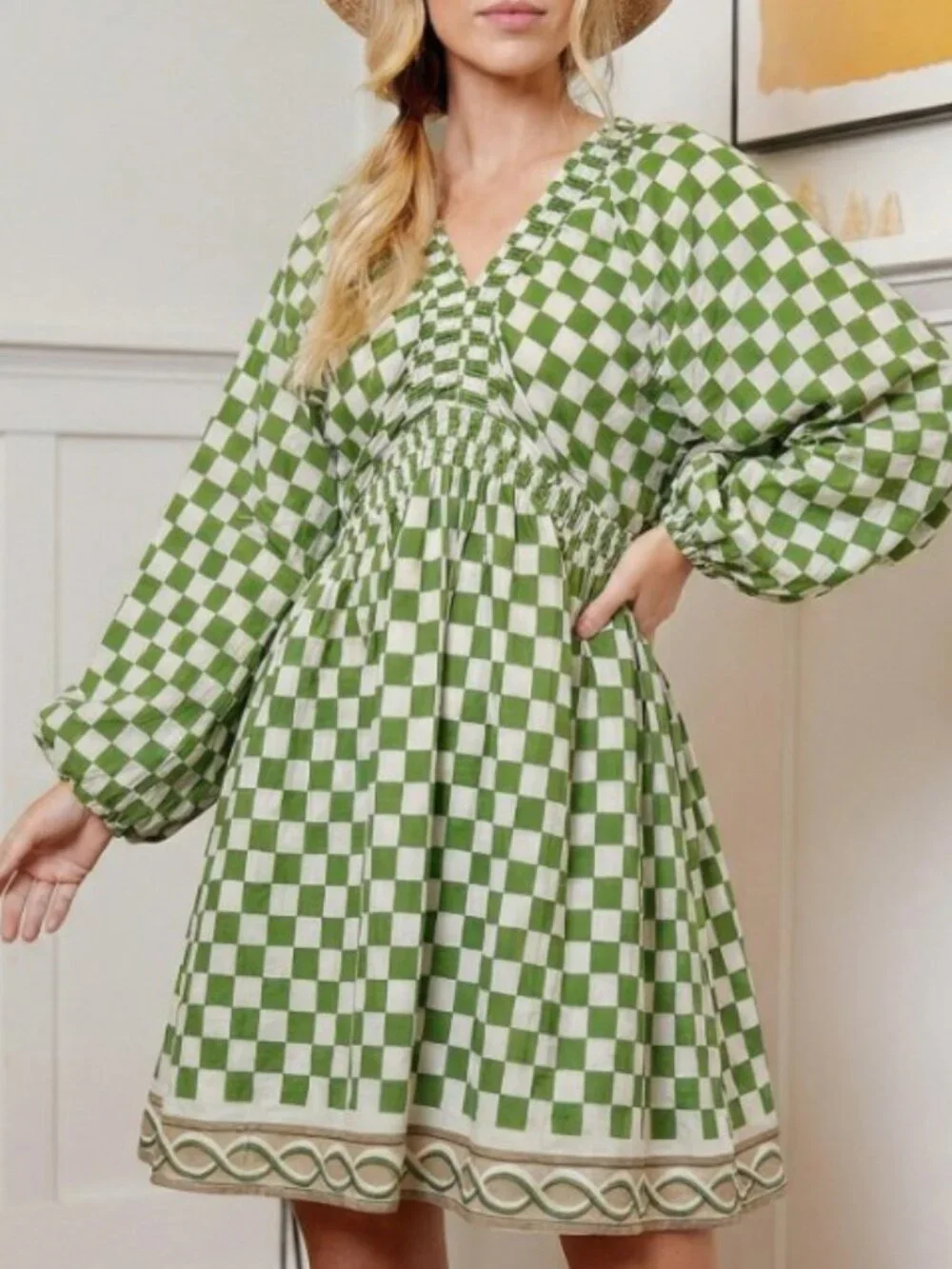 D42. Green Checkered Smocked‎ Dress